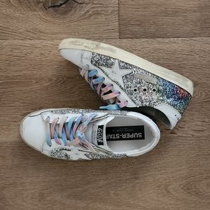 Golden Goose super-star glitter classic sneakers with tie dye laces.